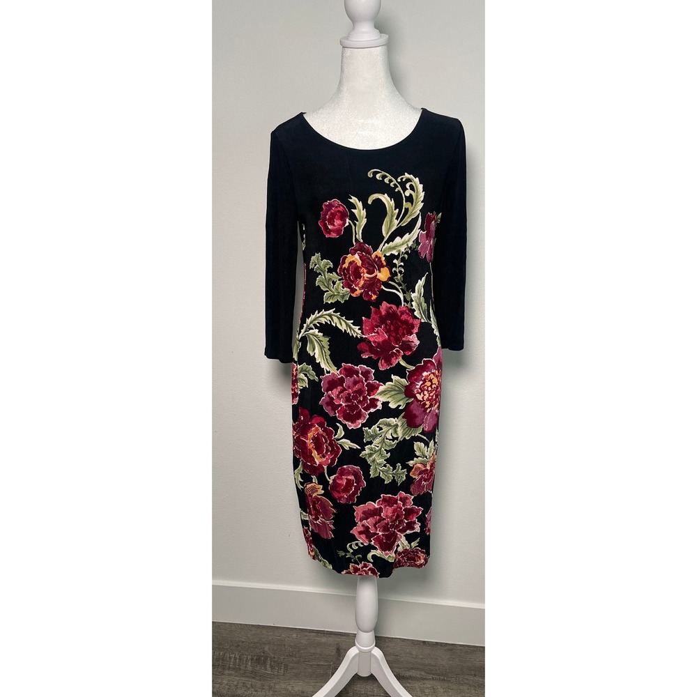 Chicos Travelers Black Floral Print Sheath Dress Chicos 0 US 4/6 Elegant Holiday